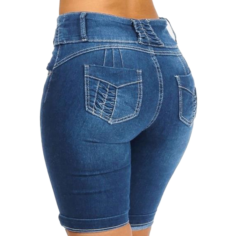 GAOKE Knee Length Denim Shorts Women Push Up Elastic High Waist Biker Shorts Jean Shorts Women Summer 2020 Black Streetwear Y200509