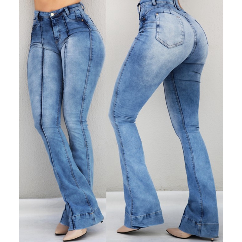 2020 Women's Jeans Casual Slim Stretchy Denim Waist Jeans Oversized Long Flare Pants Light Blue Trousers for Women