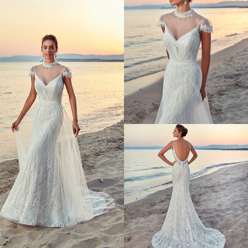 eddy k beach mermaid wedding dresses high neck lace bridal gowns backless boho wedding dress vestido de novia