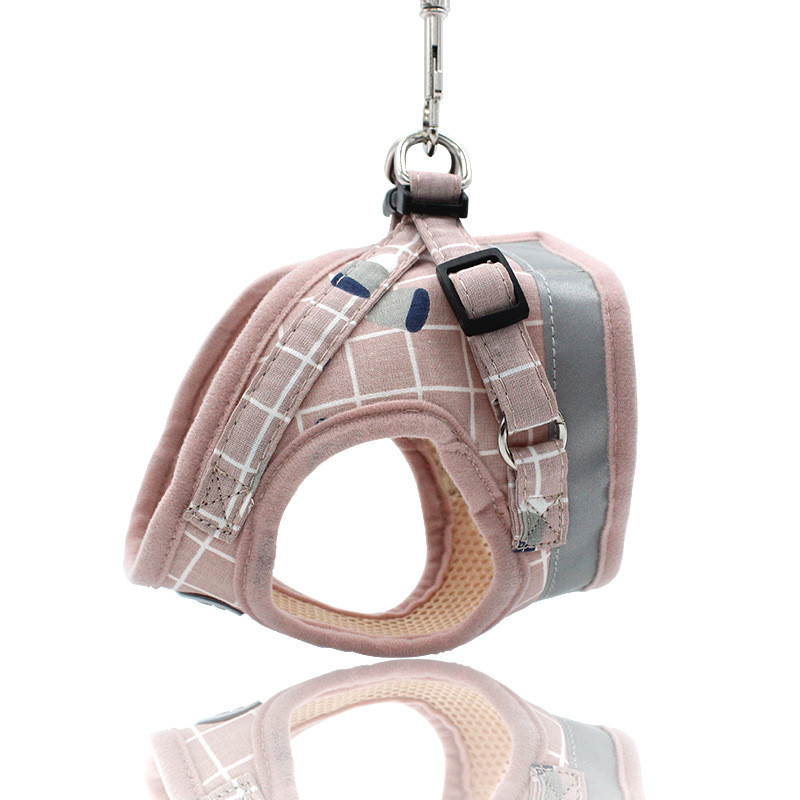 Reflective Stripe Dog Harness and Leash Set Polyester Safe for Walking Solid Pattern All Sizes Gray Pink Summer