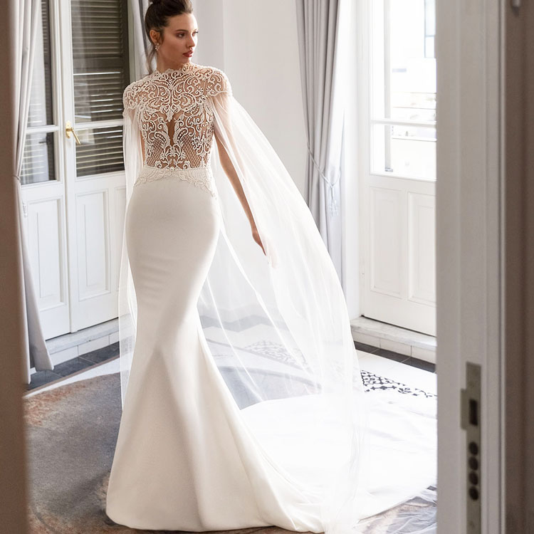 Julie Vino Mermaid Wedding Dresses With Wraps Illusion Beaded Applique High Neck Bridal Gowns Satin Sweep Train Beach Wedding Dress, Chocolate
Julie Vino Mermaid Wedding Dresses With Wraps Illusion Beaded Applique High Neck Bridal Gowns Satin Sweep Train Beach Wedding Dress, Chocolate