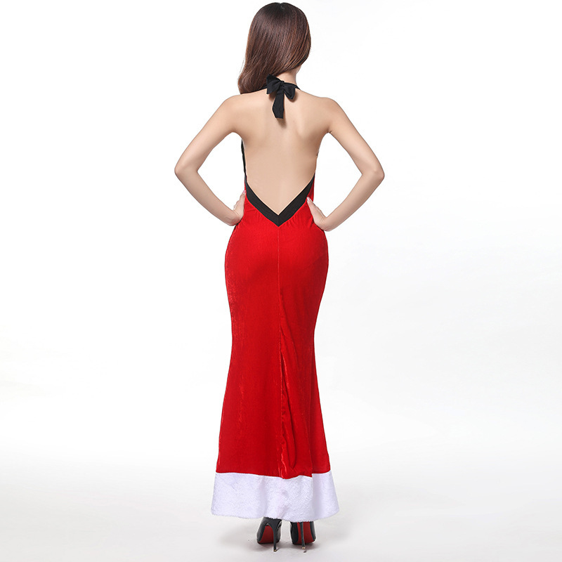 Women's Backless Red Christmas Velvet Long Evening Party Dress with White Fuzzy Trim Ankle Length Costume Role Play Clubwear Free Size