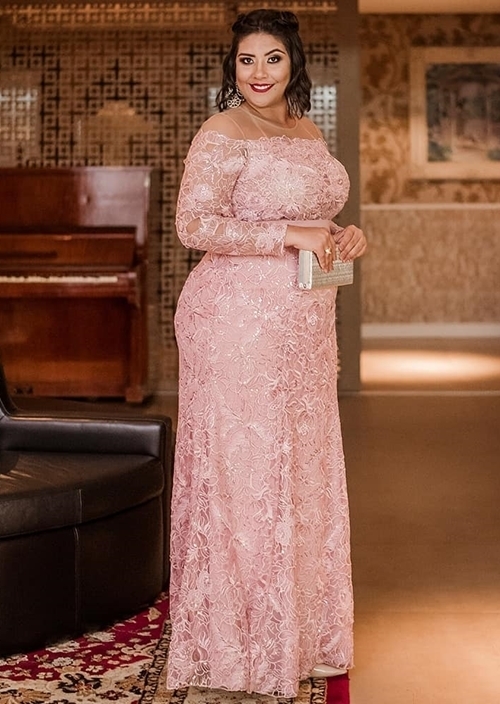 Pink Plus Light Size Lace Prom Dresses Sheer Jewel Neck Long Sleeves Evening Gown Sequined Column Floor Length Formal Dress