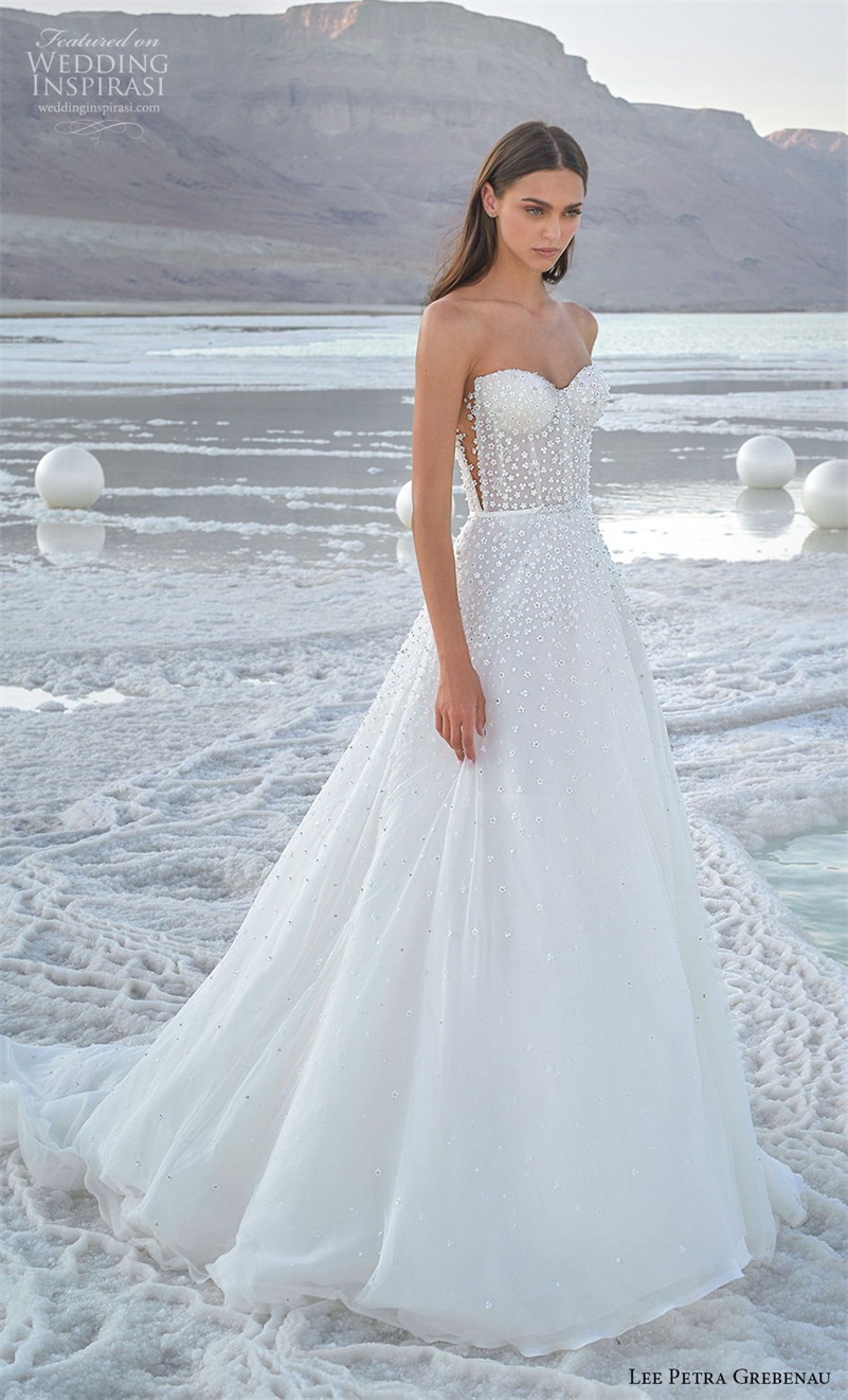 sharkling aline bridal dresses strapless appliqued lace beaded court train wedding dress custom made vestidos de novia