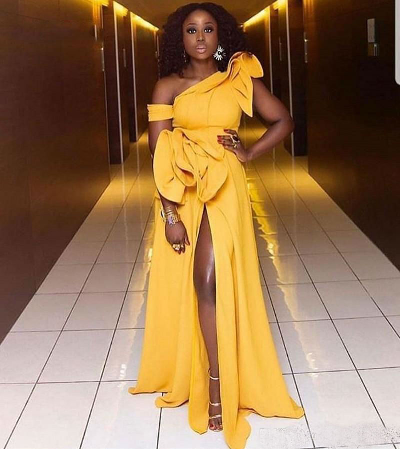 African One Shoulder Prom Dresses 2019 Thigh High Slit Tiered Ruffles Evening Dress Custom Made Floor Length Cocktail Party Dresses