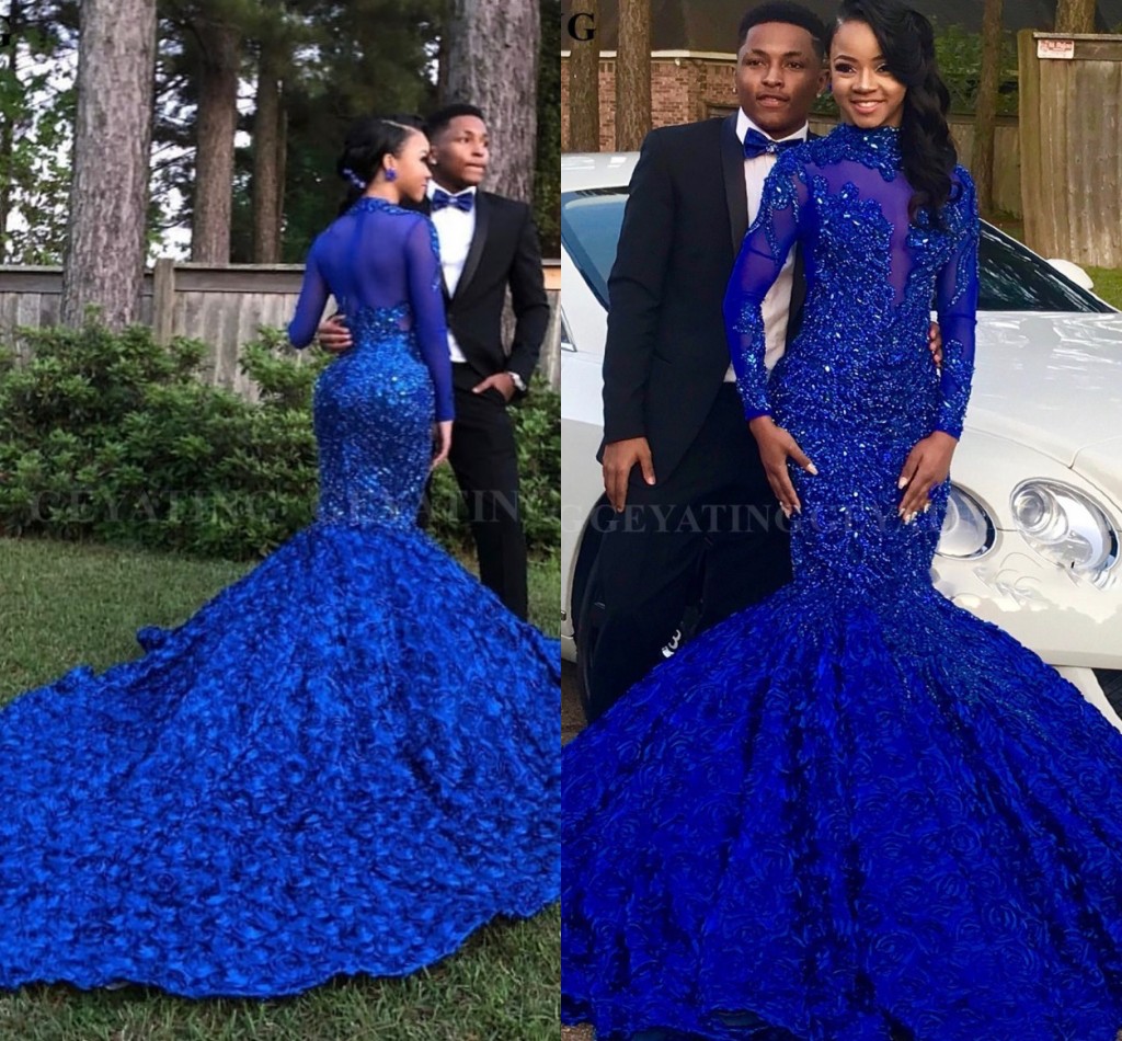 3D Flower Mermaid Royal Blue African Prom Dress Long Sleeves Chapel Train burgundy Beaded Crystal Plus Size Evening Graduation Party Dress