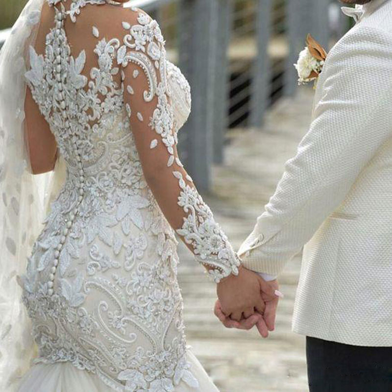 High Neck Mermaid Wedding Dresses Girls Long Sleeves Bride Bridal Gowns Lace Appliques Beach Sheath Column Customize Made Plus Size