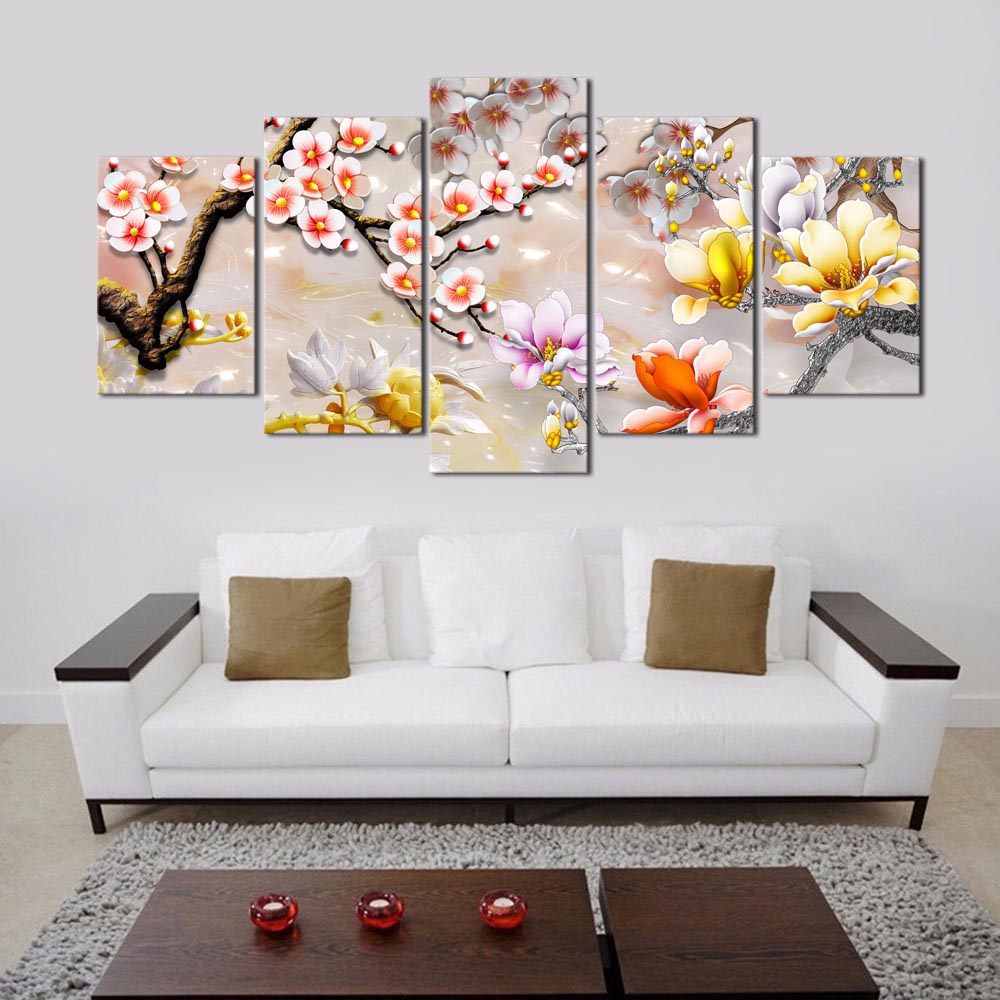 HD 5PCS/Set Plum Blossom Flower Art Print Frameless Canvas Painting Wall Picture Home Decoration (No Frames)