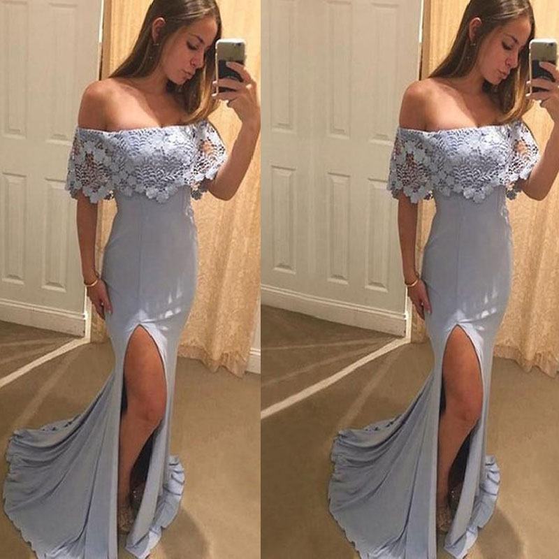 2020 Boho Flowers Lace Off Shoulder Prom Party Dresses Sexy Slit Open Back Chiffon Bridesmaid Dress Evening Wear Maid Of Honor Formal Dress