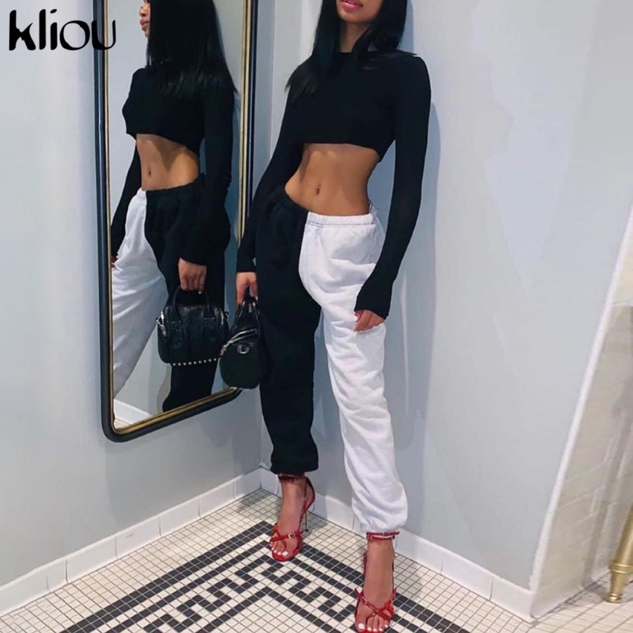 Kliou 2019 high waist black&white patchwork sporty harem pants autumn winter women loose casual sporty streetwear trousers T200103