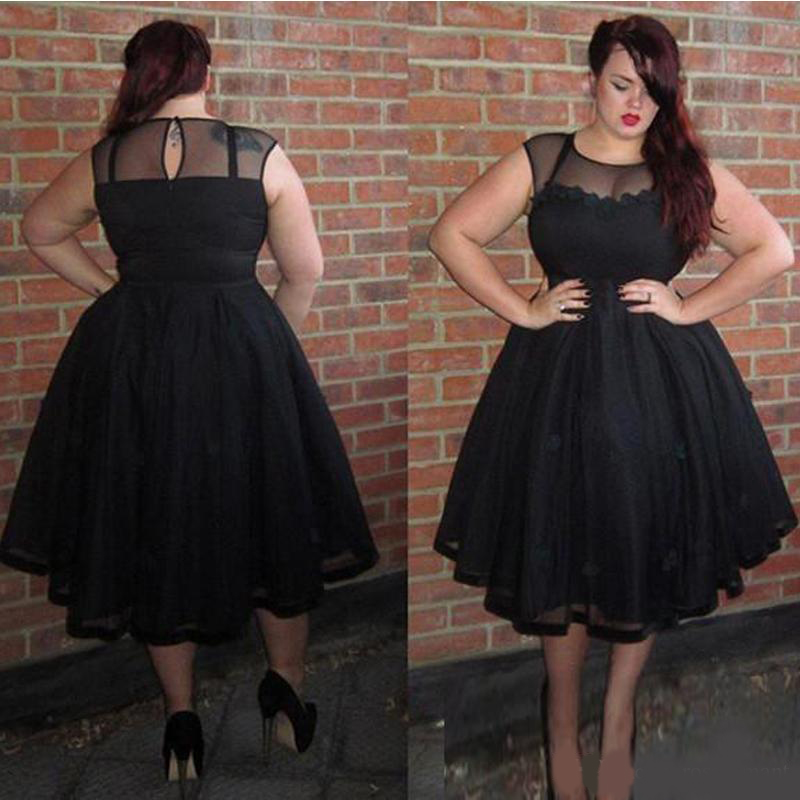 2020 Plus Size Prom Dresses A Line Sheer Neck Lace Tulle Evening Party Gowns Tea Length Special Occasion Dresses