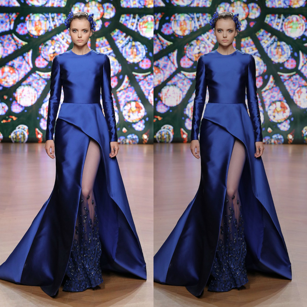 tony ward royal blue satin prom dresses long sleeve side split formal evening gowns jewel neck plus size party dress