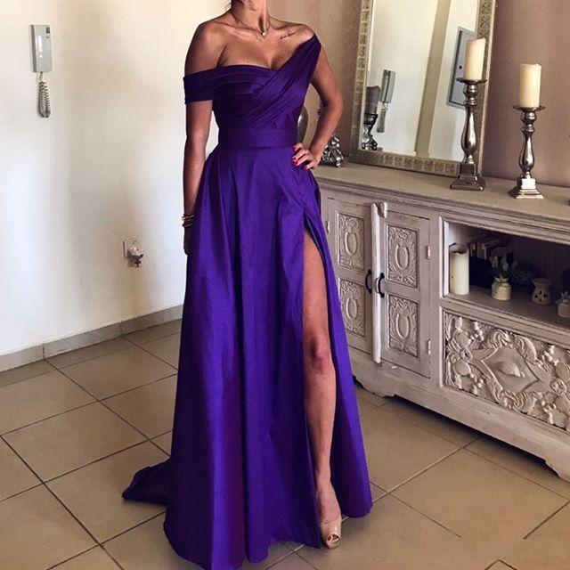 Long Purple Prom Dresses 2020 Sexy Off the Shoulder High Split Evening Gowns Formal Dresses Evening Wear Gowns Plus Size