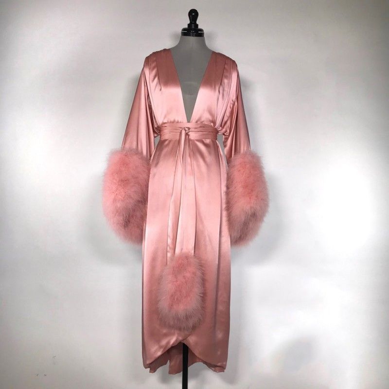 Luxury Fur Bride Sleepwear Bath Robes Silk Women Pajama V-Neck Long Sleeves Belt Night Gowns Dresses Custom Made