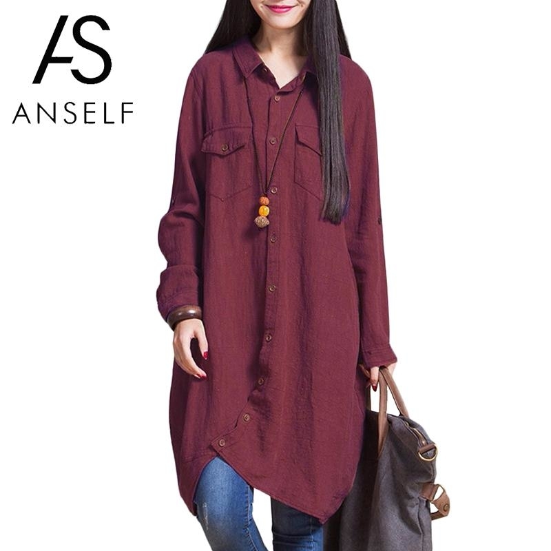 Anself Plus Size Women Cotton Linen Blouse 5xl Oversize Shirts Female Ladies Casual Long Sleeve Long Tops Pocket Button Blusas J190625