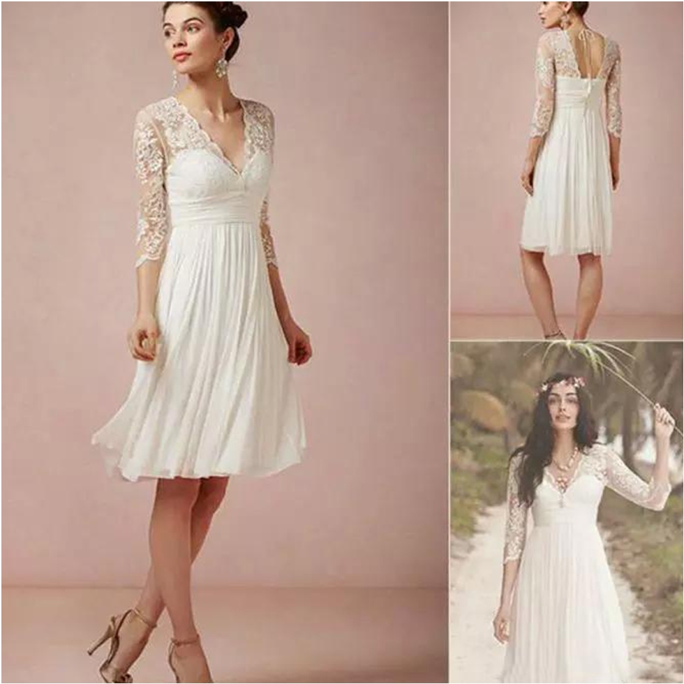 2020 Summer Beach Short Lace Chiffon Ivory Sheer V Neck Illusion 3/4 Long Sleeve Vintage Knee Length Bridal Gowns Prom Dress