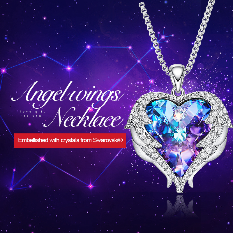CDE Fashion Angel Wings Heart Shape Pendant Necklace with Amethyst Crystal for Women Fine Jewelry Valentine's Day Gifts CJ191210