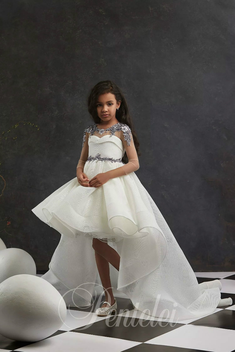 Lovely A Line Flower Girl Dresses Jewel Long Sleeve Hollow Lace Applique Pearls Pageant Dress High Low Girl's Birthday Party 0508