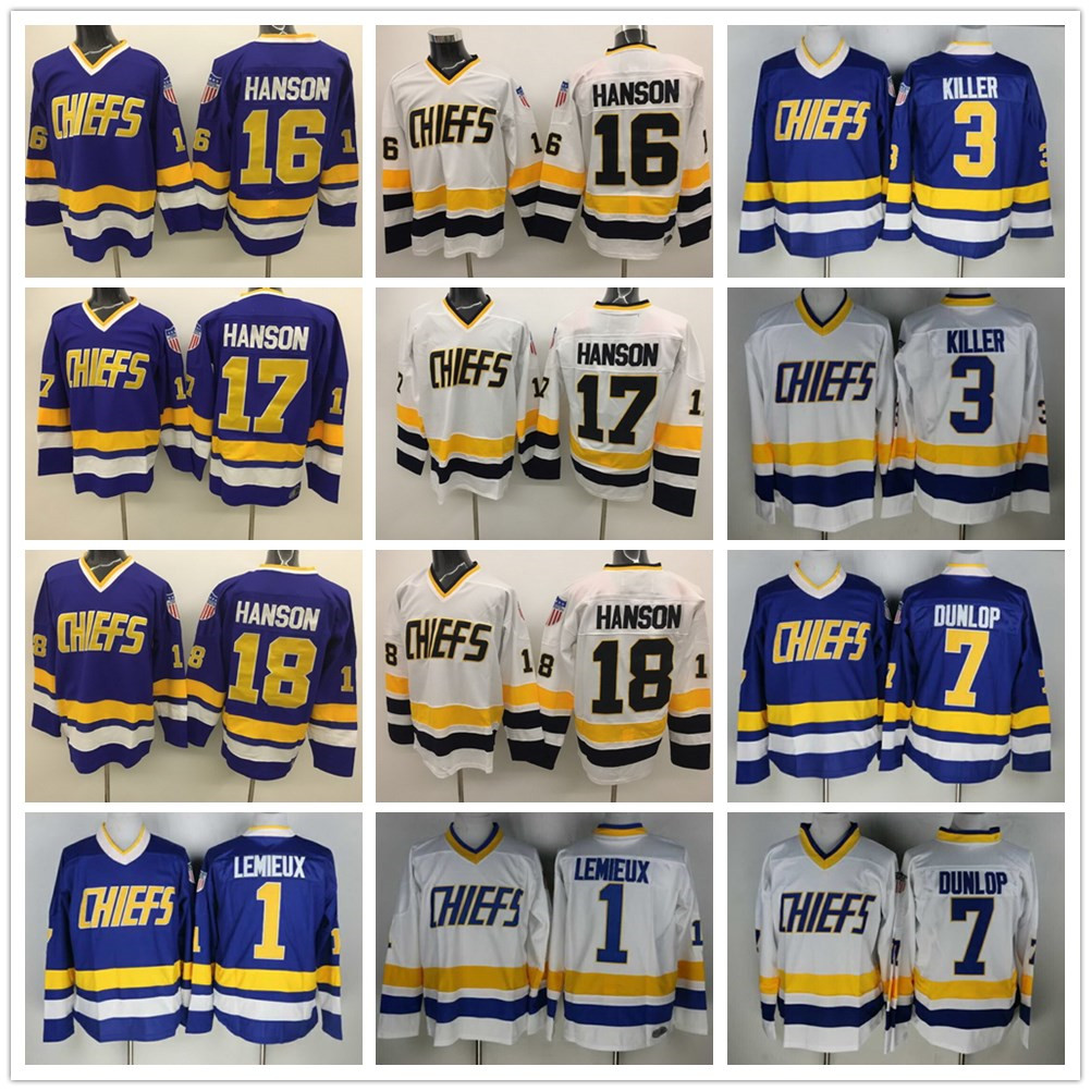 Hanson Brothers Slap Shot Charlestown Chiefs #16 Jack 17 Steve 18 Jeff Hanson 7 Francine Dunlop 3 Killer Vintage CCM Movie Hockey Jersey Stitched Blue White