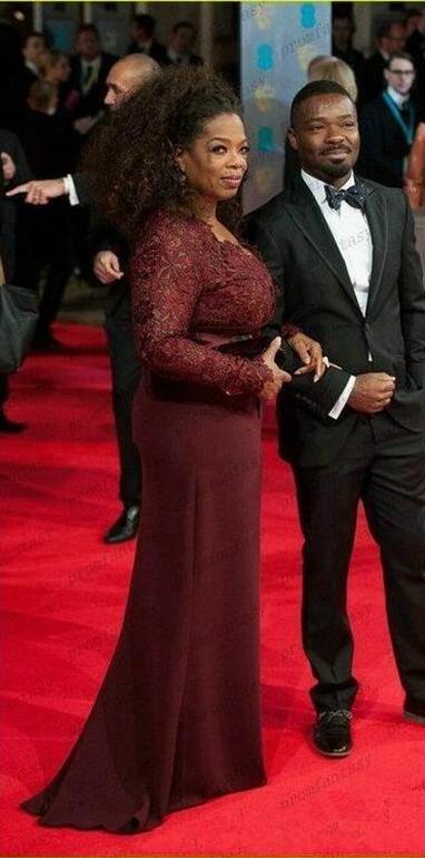 2018 Oprah Winfrey Burgundy Long Sleeves Lace Top Modest Mother of the Bride Evening Dresses Custom Plus Size Celebrity Red Carpet Gowns
