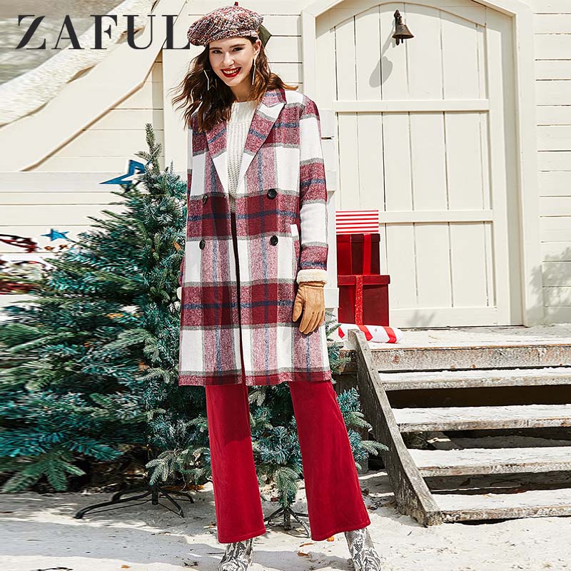 

ZAFUL Women Coat Outerwear 2019 Winter Warm Christmas Clothing Plaid Double Breasted Wool Blend Coat Elegant Female Long Coats, Red wine