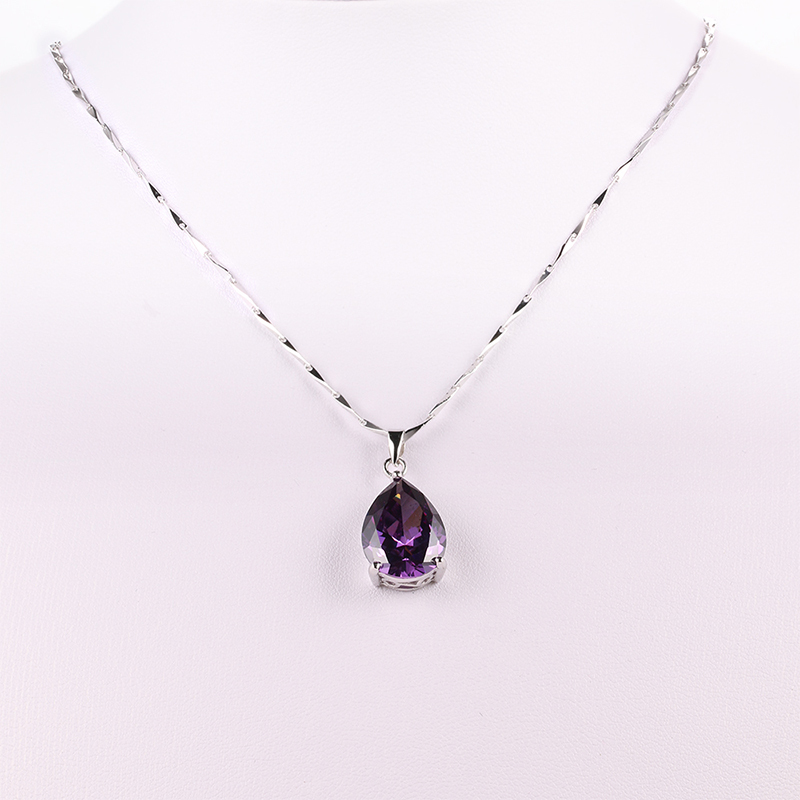 Fashion- Wholesale 925 Sterling Silver Jewelry Pearl Cut Waterdrop Amethyst Pendant Necklace for Women's Clothing & Accessories X912