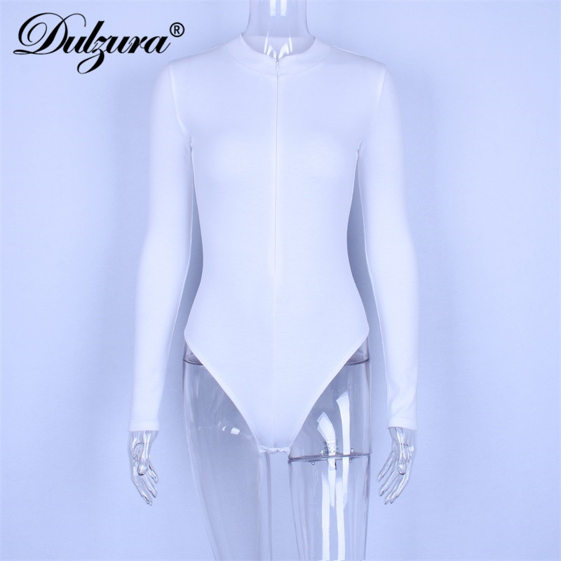 Dulzura front zipper long sleeve women sexy bodysuit autumn winter black white burgund solid skniny streetwear body v neck