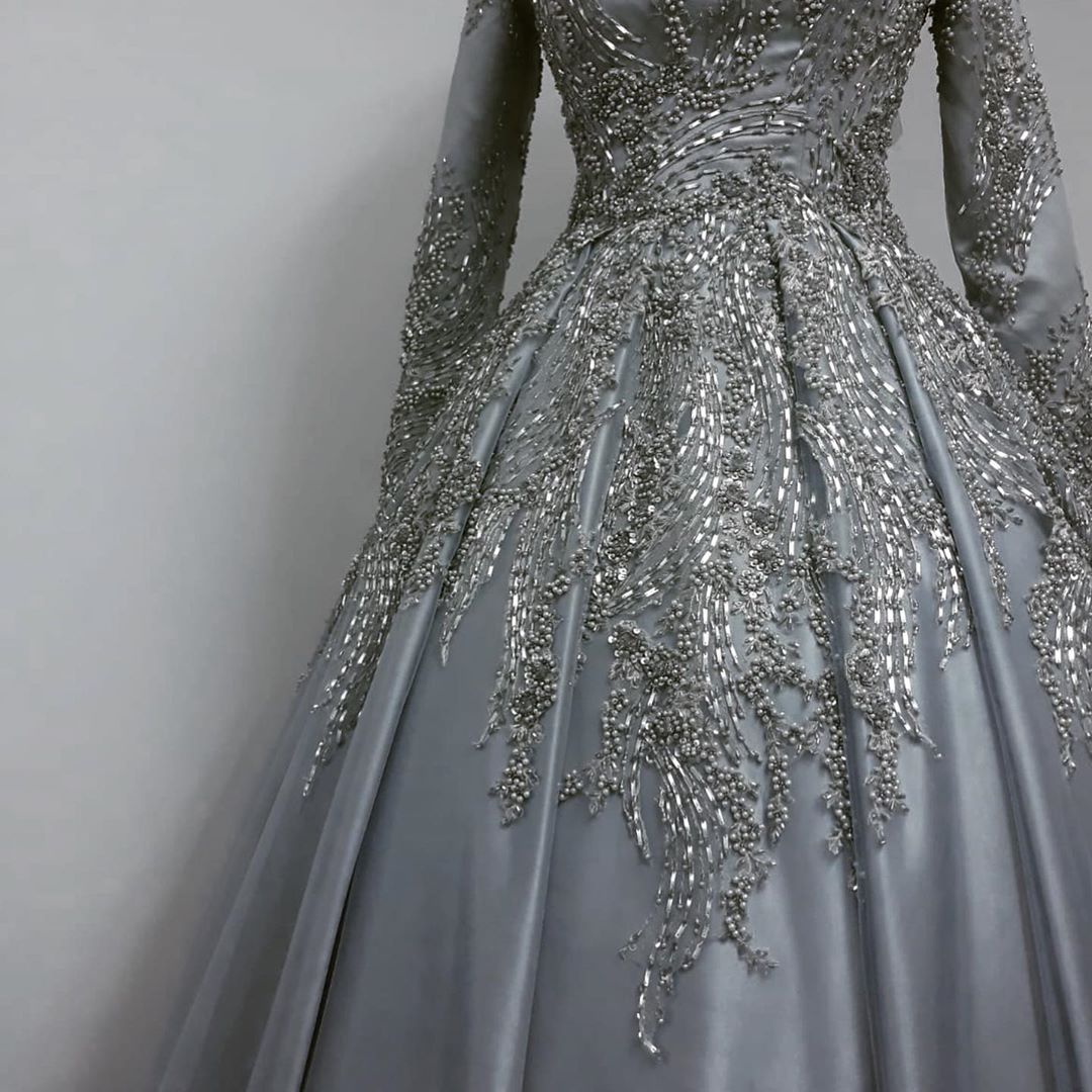 muslim ceremonial wedding attire sophisticated long sleeve lace embellished bridal ensemble in luxe grey color code zj355