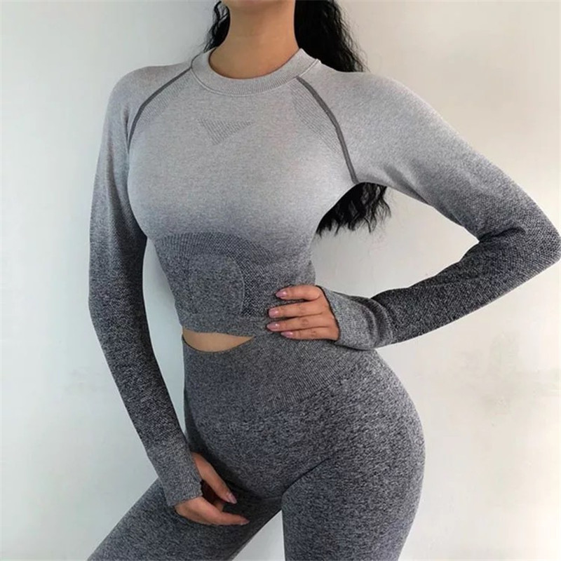 Women's Yoga Set Workouts Seamless Tights Cut Shirts Exercises Women's Long Sleeve Fitness Sets Sportswear Comfort