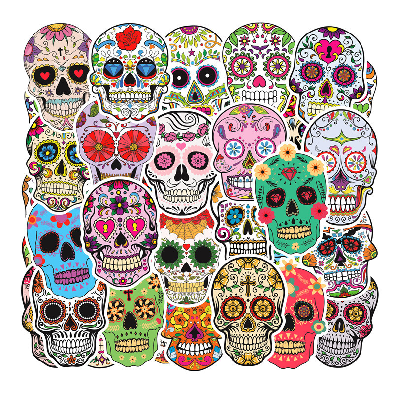 50pcs Skull Stickers Pack Motorcycle Car Stickers Mexican Day of The Dead Sticker Bomb Water Bottle