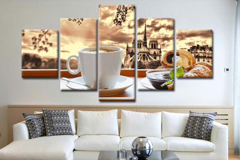 Canvas Posters Wall Art HD Prints Pictures 5 Pieces Coffee Croissant Food Paintings Kitchen & Restaurant Home Decor No Frame