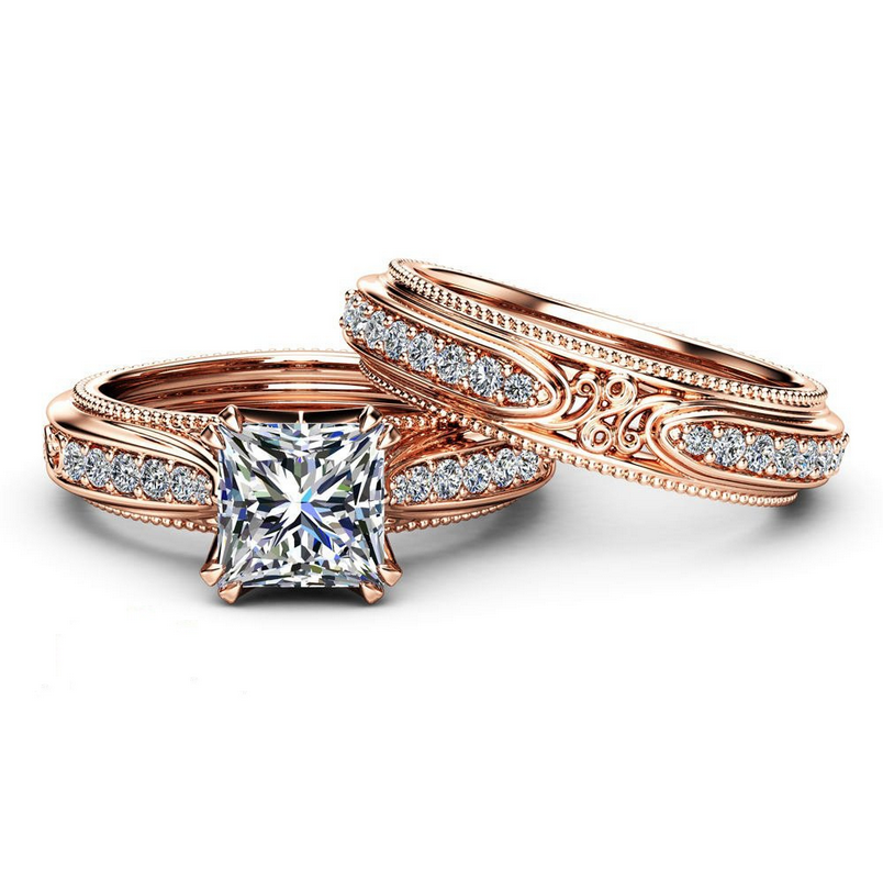 Choucong Victoria Wieck Luxury Jewelry 925 Silver&Rose Gold Fill Princess White Topaz CZ Diamond Women Wedding Bridal Ring Set For Lovers