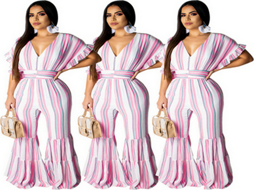 Jumpsuits European spring and summer temperament women's print large swing sleeve striped jumpsuit support mixed batch