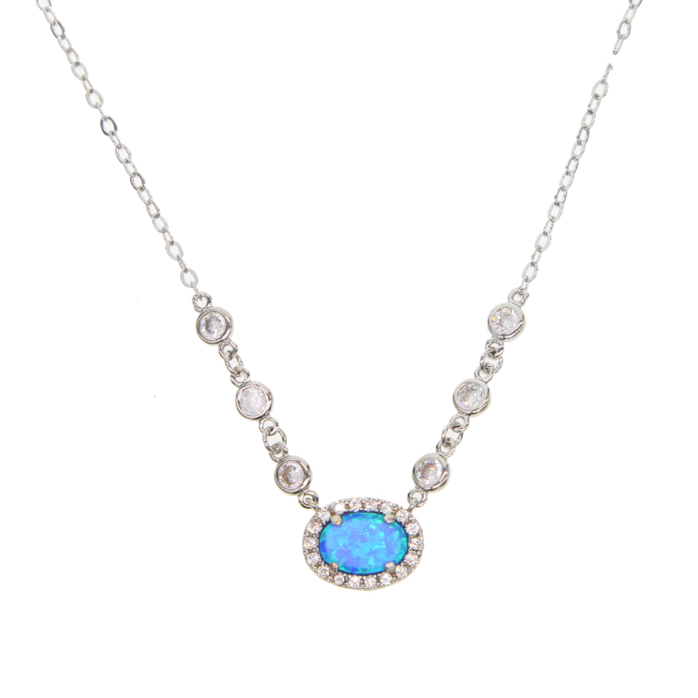 Wholesale-high quality brass fashion jewelry blue fire opal gemstone cz link chain gold silver plated collar gemstone necklace