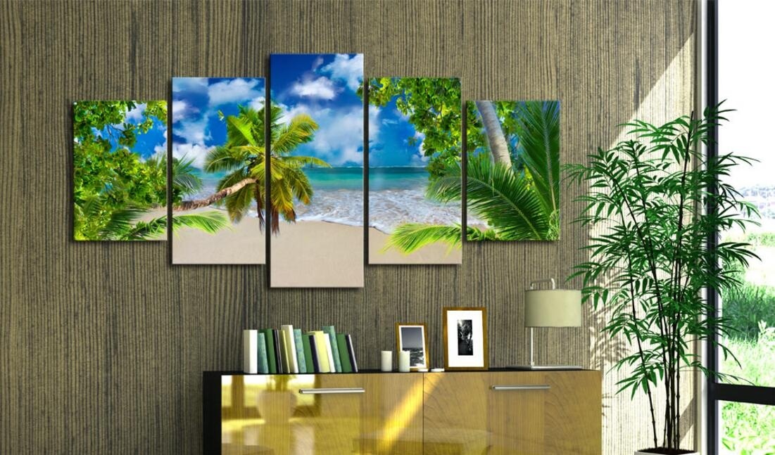 ( No Frame)5PCS/Set Modern Scenery Beach Summer Time Art Print Frameless Canvas Painting Wall Picture Home Decoration