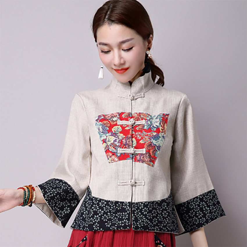 National Floral Print Cheongsam Chinese Dress for Women Skirt Embroidery Tangsuit Qipao Linen Long Sleeve Dresses Elegant