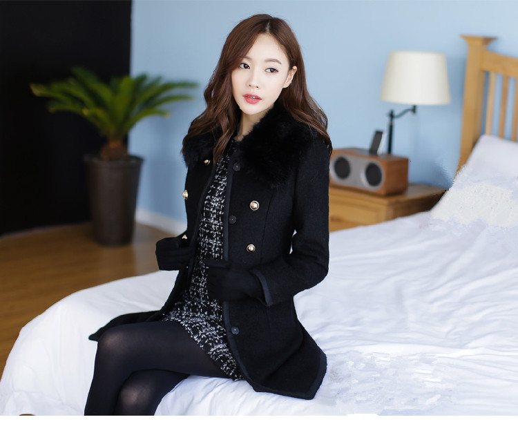 Women's Fur Collar Wool Coat, Double-Breasted Warm Outwear Jacket For Spring/Autumn, Winter White/Black