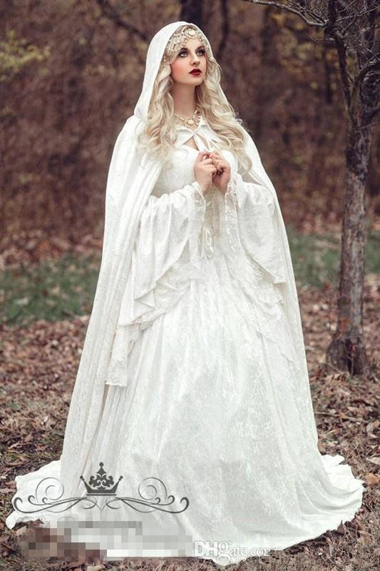 Lace Wedding Gothic Dresses With Cloak Plus Size Vintage Bell Long Sleeve Celtic Medieval Princess Bridal Gown 6660306