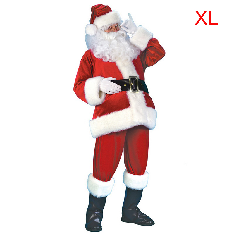 7PCs Adult Santa Claus Costume Flannel Classic Suit Christmas Cosplay Props Men Coat Pants Beard Belt Hat Christmas Set M XL