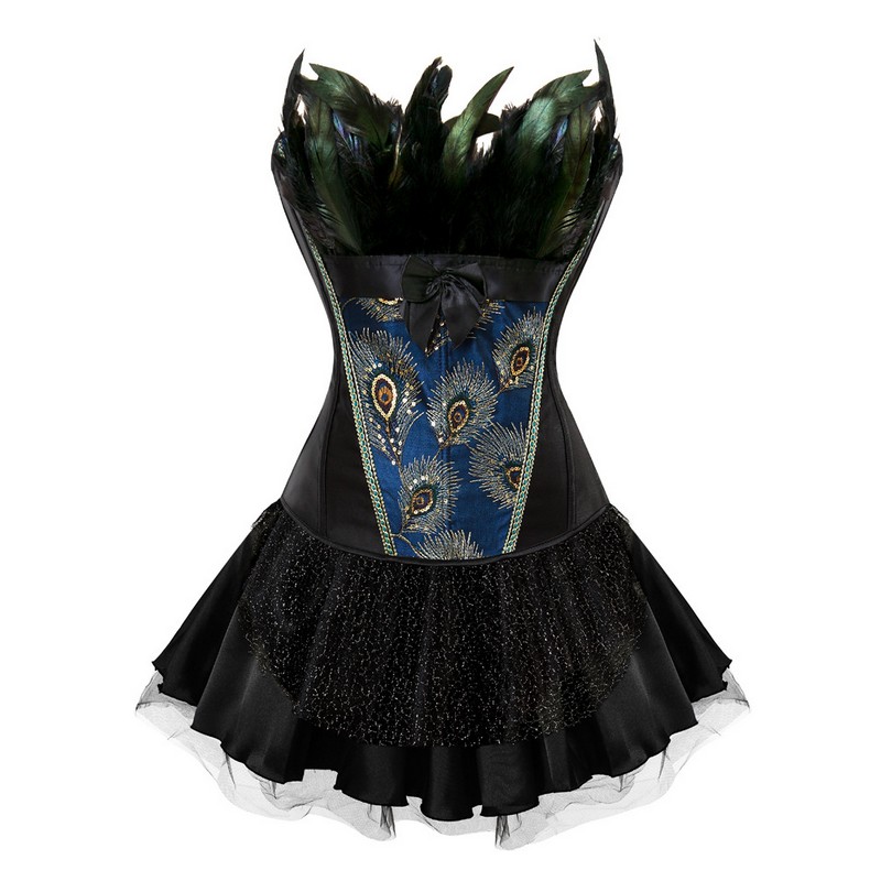 Women Burlesque Corset Skirt Outfit Plus Size S-6XL Feathers Ruffle Peacock Embroidery Brocade Overbust Corset with Layered Mini TUTU Skirt