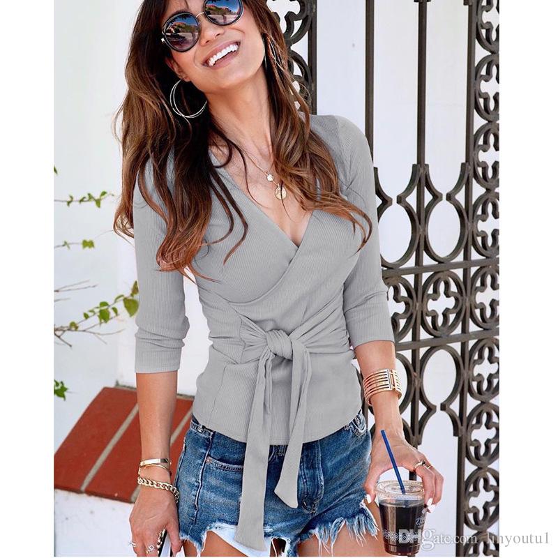 tshirt Women Casual V-neckline T-Shirts Women T Shirts Cross Strap Bow Shirt long Sleeve Top 2020