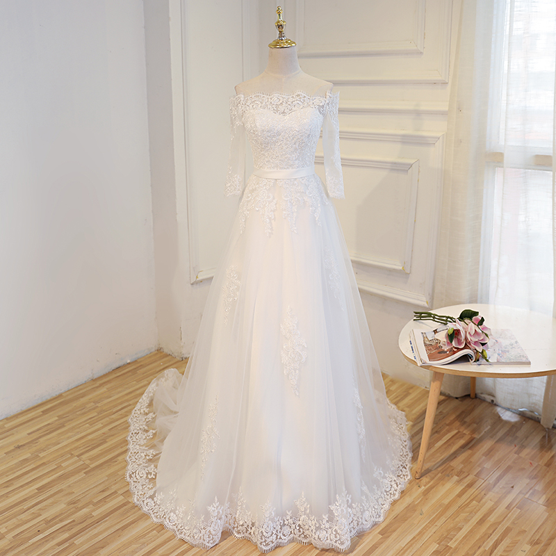 Vintage Lace Wedding Dress Sweep Train Strapless 3/4 Long Sleeves Lace-up Back Wedding Gowns Bridal Dresses
