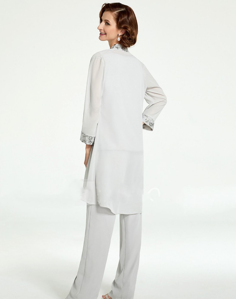 New 2019 Pant Suits Long Mother Of The Bride Dresses Cheap Appliqued Pantsuits Beach Wedding Guest Dress With Jacket Groom Mother Outfit