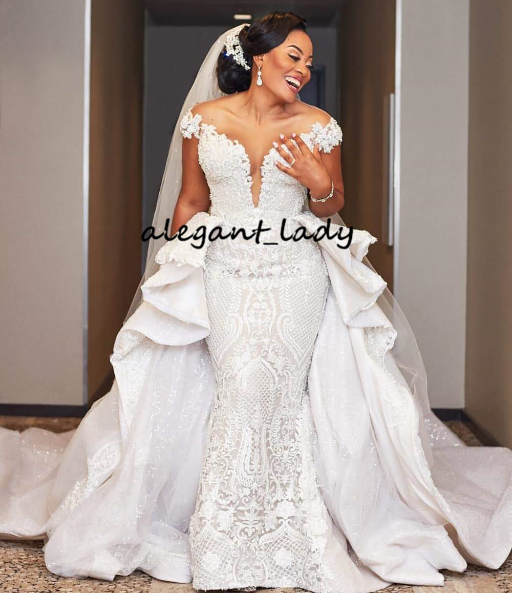 Plus Size African Mermaid Wedding Dresses with Detachable Train Lace Applique Ruffles Off Shoulder Arabic Bridal Wedding Gown