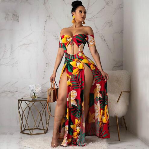 Boho Printed Summer Beach Maxi Dress Strapless Off Shoulder Sexy High Slit Sundress Womens Robe Hollow Out Long Dr