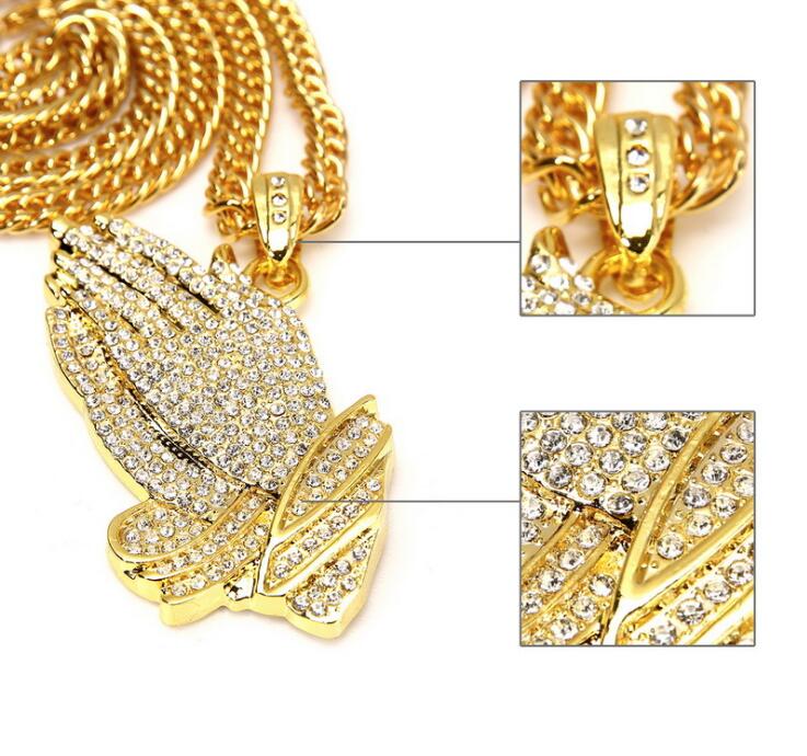 New Silver Praying Hands Hiphop Bling Necklace Mens 18k Gold Religous Jewlry Iced Out Prayer Jesus Women Men Gift Plating WL017