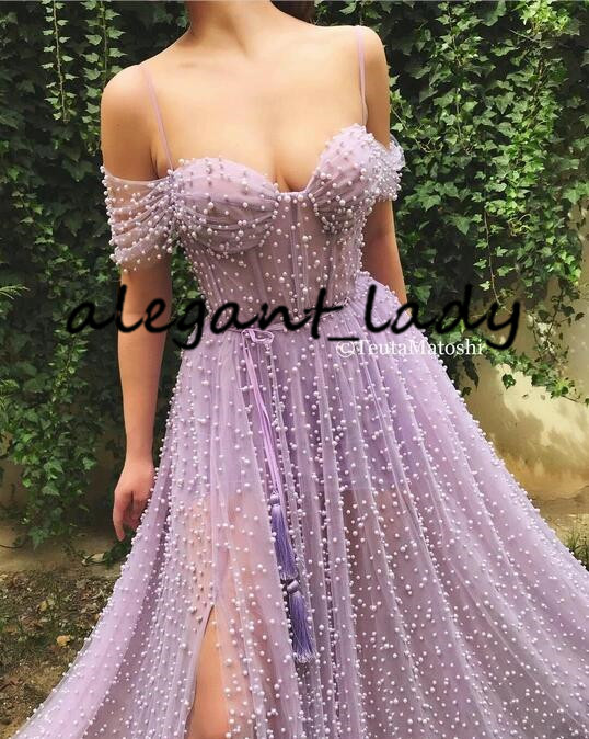 2020 Lavender Tulle Prom Formal Dresses Sexy High Slit Luxury Fully Pearls Beaded Off Shoulder Evening Gown Wear abendkleider