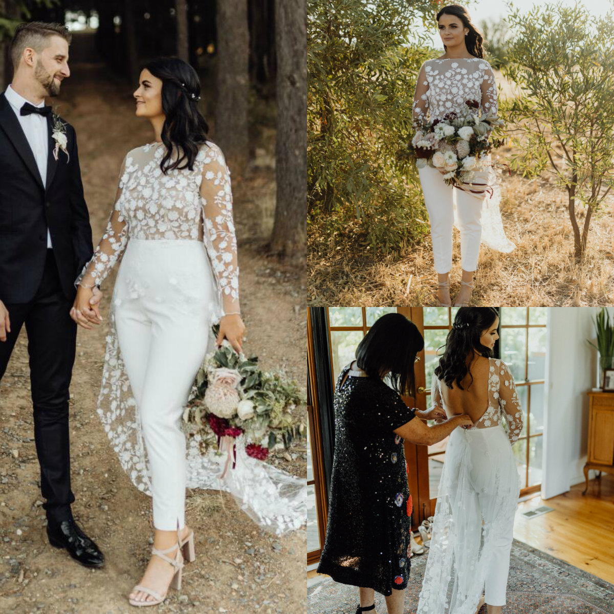 2020 Fashion Wedding Jumpsuits Jewel Neck Lace Appliques Bridal Pants Suit Beach Wedding Dress Long Sleeve Vestidos De Novia