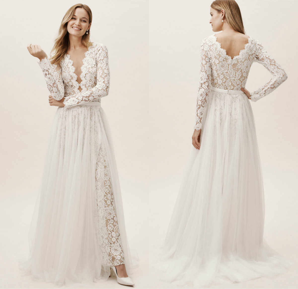 2019 Bhldn Country Wedding Dresses With Detachable Overskirts V Neck Sweep Train A Line Long Sleeves Bridal Gowns Boho Wedding Dress