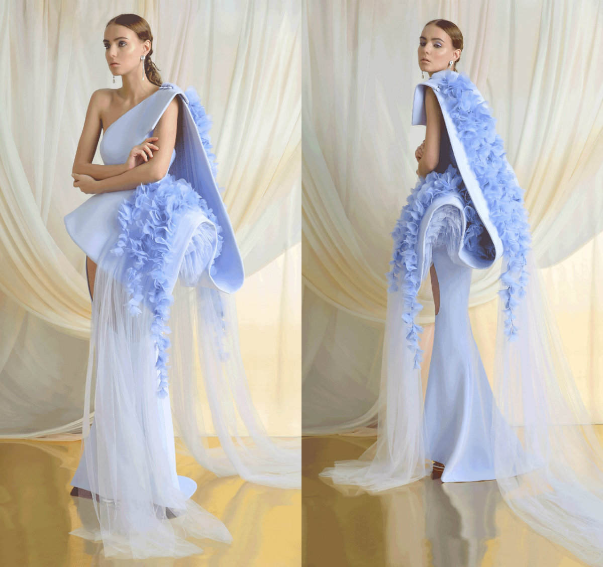 2019 Azzi & Osta Blue Prom Dresses Satin Lace 3D Floral Appliqued One Shoulder Gorgeous Evening Dress Sweep Train Girls Pageant Gowns
